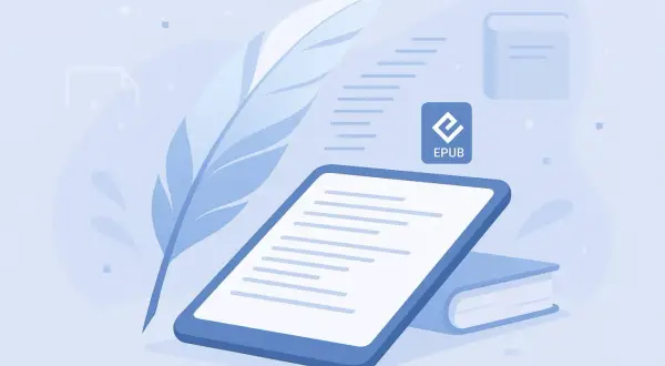 Une tablette affiche du texte, à côté d'une plume et d'un livre. Le logo EPUB est visible, symbolisant les livres numériques.