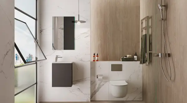 Modernos baños pequeños con ducha, inodoro suspendido y lavabo flotante, con acabados en mármol y madera.