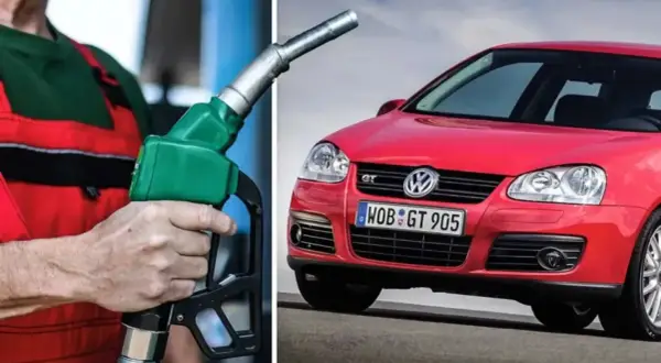 Tankar du din röda VW Golf med 98 oktan? En hand håller en bensinpump.