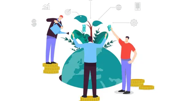 Uomini investono in una pianta che cresce su un globo, simboleggiando un alto green asset ratio e la crescita sostenibile.