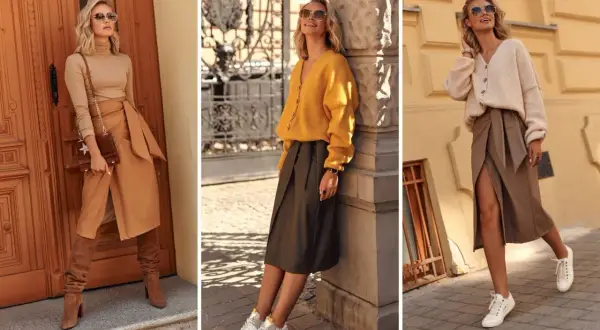 Eleganckie spódnico-spodnie do kolan w odcieniach brązu i zieleni, zestawione z swetrami i botkami lub sneakersami.