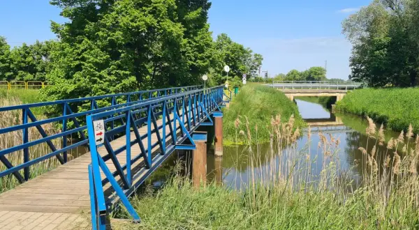 Błękitny mostek dla rowerzystów i pieszych nad kanałem na Żuławach Wiślanych. W tle widać kolejny most i bujną zieleń.