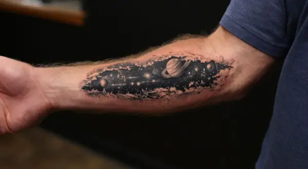 Tatuaż kosmos na przedramieniu: Saturn, planety i gwiazdy w czerni i bieli.