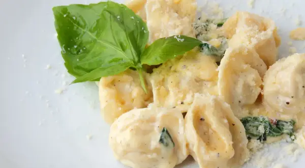 Pyszne ravioli w kremowym sosie, posypane parmezanem i udekorowane listkiem bazylii. Idealne danie, które podpowiada, ravioli z czym podawać.