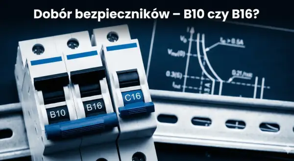 Bezpieczniki B10 i B16 na szynie DIN, obok schematu. Kluczowe dla obciążalności przewodu 3x2.5.