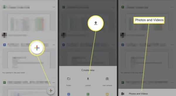 Tap "Photos and Videos" to add them to Google Drive. The interface shows options to upload files.