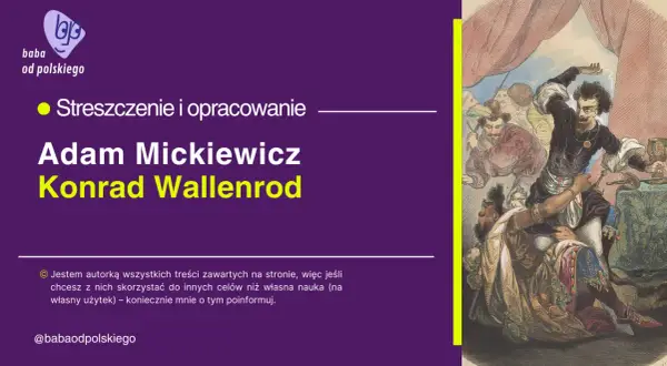 Ilustracja przedstawia scenę walki z postacią Konrada Wallenroda w stroju rycerza.