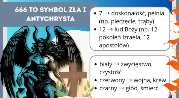 Symbolika Apokalipsy św. Jana: 666 to symbol zła, a obok diabeł, krzyż i księga.