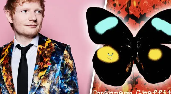 Ed Sheeran in einem bunten Anzug neben einem Schmetterling mit dem Titel "Overpass Graffiti".
