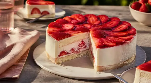 Eine köstliche Erdbeer Mascarpone Torte, üppig belegt mit frischen Erdbeeren und einem Hauch von Gelee. Ein Stück ist bereits angeschnitten.