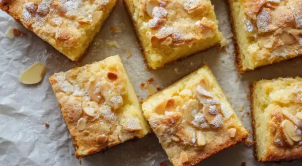 Saftiger Buttermilchkuchen vom Blech, bestreut mit Mandelblättchen und Puderzucker. Ein Genuss für jeden Kaffeetisch.