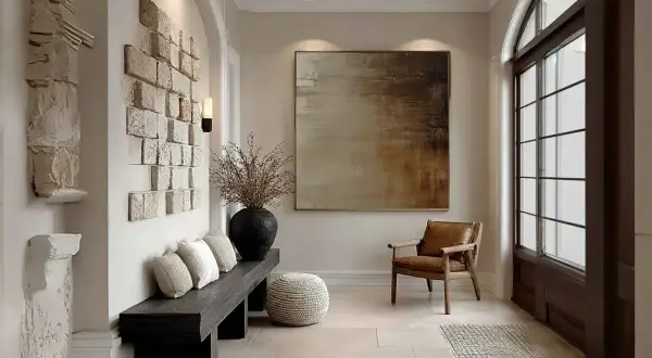 Come valorizzare una parete vuota con un'installazione di mattoni a vista, un quadro astratto e una scultura moderna.