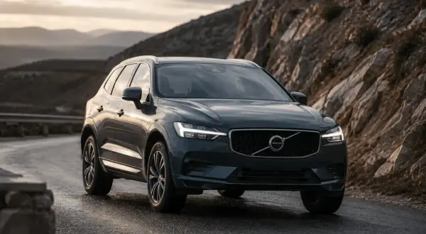 Mörkgrå Volvo XC60 på en slingrig väg i bergig terräng. Solnedgången lyser upp himlen. Kanske en volvo v60 hybrid problem?