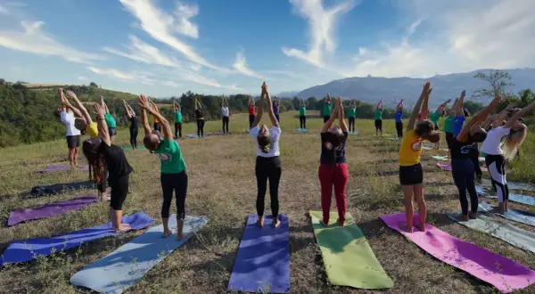 Gruppo di persone in posa urdhva hastasana su tappetini da yoga in un prato verde, con cielo azzurro e nuvole bianche.