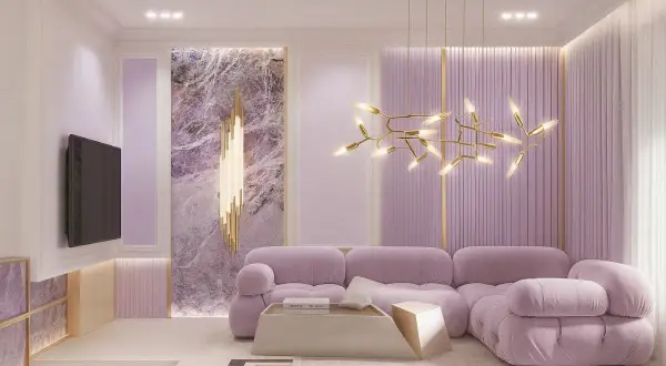 A plush lavender sofa anchors this room, embodying a serene lavender color aesthetic. Marble accents and a striking gold chandelier add a touch of luxury.