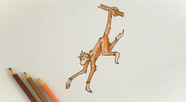 Dibujo de un mono naranja colgado de una rama, con lápices de colores al lado.