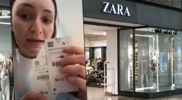 Kobieta pokazuje metki ubrań z Zary, gdzie widoczna jest rozmiarówka damska. Sklep Zara w tle.