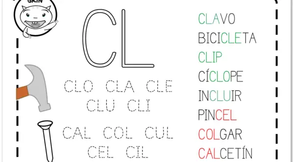 Hoja de trabajo con la letra "CL" y palabras como "clavo", "bicicleta", "clip", "ciclópe", "incluir", "pincel", "colgar", "calcetín". Practica las letras trabadas.