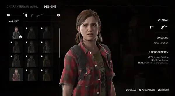 Ellie aus The Last of Us 2 im Charakterauswahl-Menü. Sie trägt ein kariertes Hemd und hat das Molotow-Rezept freigeschaltet.