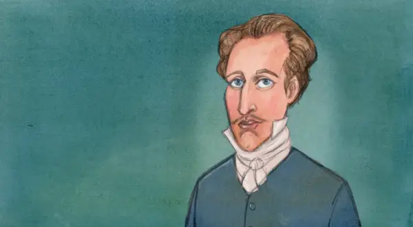 En tecknad porträtt av Gustav IV Adolf med blå ögon och en vit halsduk.