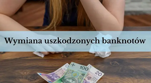 Uszkodzone banknoty 100 i 20 zł leżą na drewnianym stole. Dowiedz się, gdzie wymienić uszkodzony banknot.