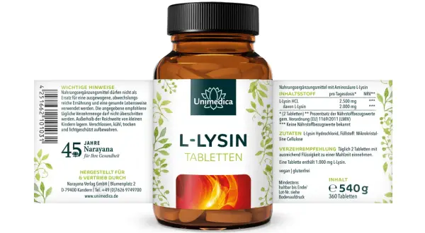 Flasche L-Lysin Tabletten von Unimedica. Die Wirkung von L-Lysin wird hier als Nahrungsergänzungsmittel beworben.