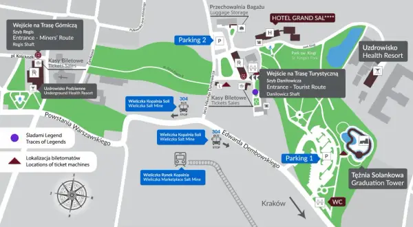 Mapa Kopalni Soli w Wieliczce. Wskazuje lokalizację kas biletowych, wejść na trasy turystyczne i górniczą, parkingów oraz atrakcji.