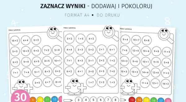 Karty pracy z dodawaniem i kolorowankami dla dzieci, z przykładami matematycznymi w kółkach.