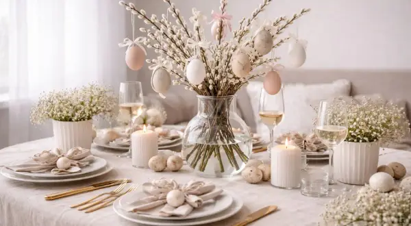 Vacker påskris inspiration med dekorerade ägg och ljus på ett dukat bord.