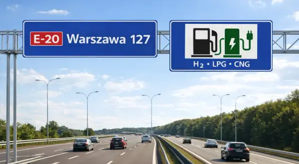 Nowy znak drogowy informuje o stacji paliw z H₂, LPG i CNG. Kierowcy jadący E-20 w stronę Warszawy, 127 km, mają alternatywę.