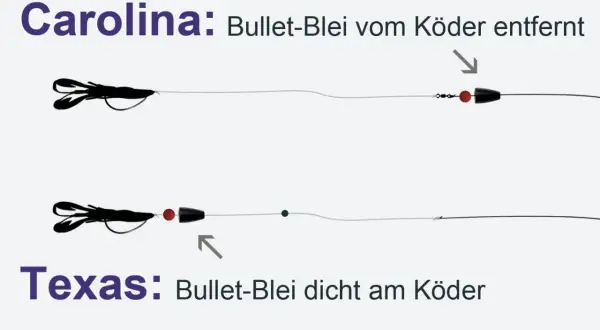 Carolina Rig: Bullet-Blei weit vom Köder entfernt. Texas Rig: Bullet-Blei dicht am Köder.