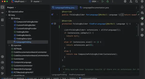 Un développeur travaille sur une idée Java, explorant la classe `LanguageFolding` dans un IDE.