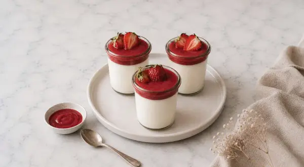 Trois panna cotta crémeux, nappés de coulis de fraises et ornés de fruits frais, sur une assiette avec une petite coupelle de coulis et une cuillère.
