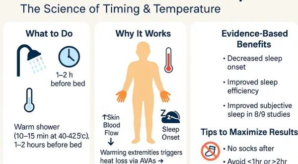 Warm showers 1-2 hours before bed can help you fall asleep faster. This infographic explains how do hot showers make you sleepy by triggering heat loss.