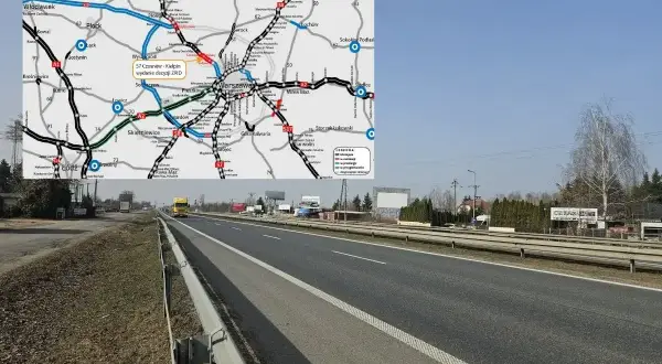 Droga krajowa S7 w pobliżu Warszawy, z widokiem na autostradę i mapę z zaznaczonym przebiegiem trasy.