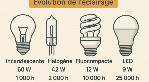 Comparaison visuelle de l'évolution de l'éclairage : ampoule incandescente, halogène, fluocompacte et LED, montrant la différence ampoule halogène et LED en termes de consommation et durée de vie.