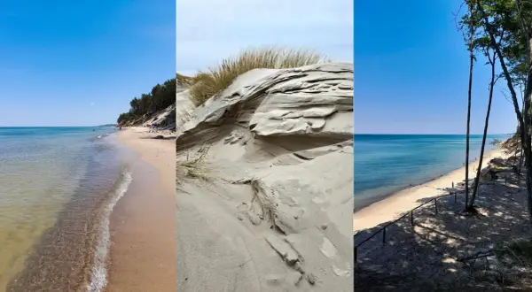 Trzy ujęcia dzikich plaż nad Bałtykiem: piaszczyste wydmy, spokojne morze i lasy porastające klify.