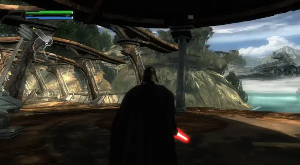 Darth Vader mit rotem Lichtschwert auf einer Plattform, im Hintergrund ein Sternenzerstörer. Das Spiel "The Force Unleashed" auf der Switch.