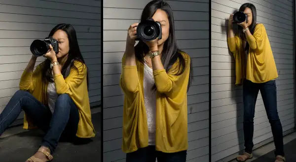 A woman demonstrates how to hold a camera in three poses: sitting, standing, and leaning against a wall.