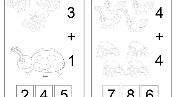 Ilustracja z zadaniami matematycznymi dla dzieci: biedronka i motyle po lewej, mrówki i pająki po prawej.