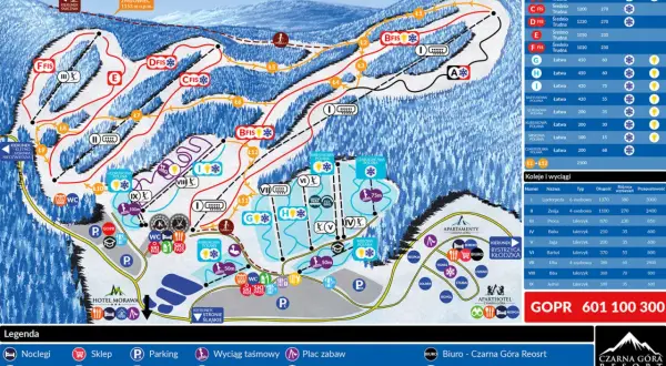 Mapa **ośrodka narciarskiego Czarna Góra** z trasami zjazdowymi, wyciągami, legendą i informacjami o hotelach.
