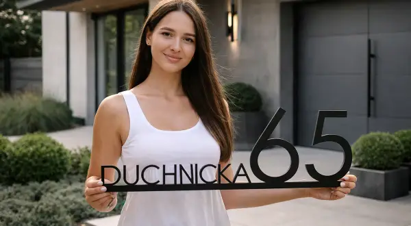 Uśmiechnięta kobieta trzyma tabliczkę z napisem "DUCHNICKA 65". To idealna cmg rejestracja dla nowego domu.
