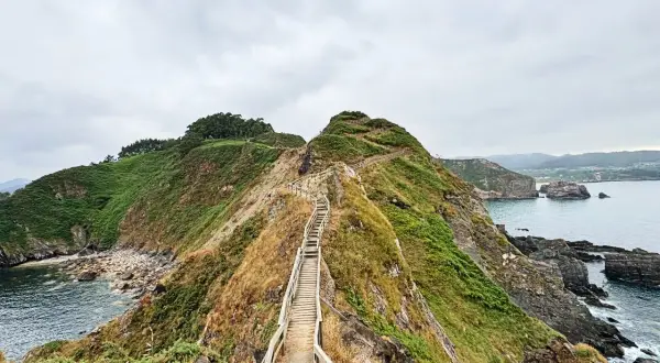 Sendero de madera asciende por una colina verde, con el mar y rocas al fondo. Parece el fuciño do porco, un camino salvaje.