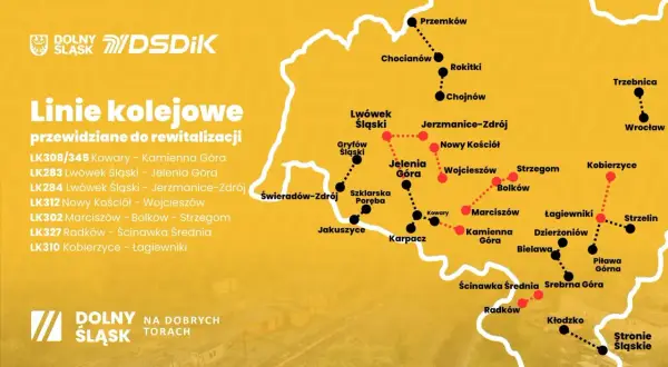 Mapa kolejowa Dolnego Śląska z liniami do rewitalizacji. Odkryj ciekawe miejsca Dolny Śląsk i zaplanuj podróż!