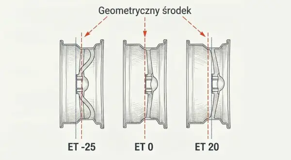 Ilustracja porównuje trzy felgi z różnym et: ET -25, ET 0 i ET 20. Pokazuje, jak zmienia się położenie geometrycznego środka felgi względem jej płaszczyzny montażowej.