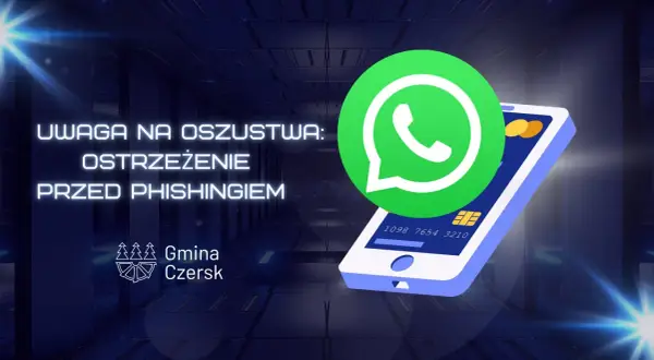 Uwaga na oszustwa! Ostrzeżenie przed phishingiem i loterie SMS oszustwo. Ikona WhatsApp i karta płatnicza na tle futurystycznej hali.