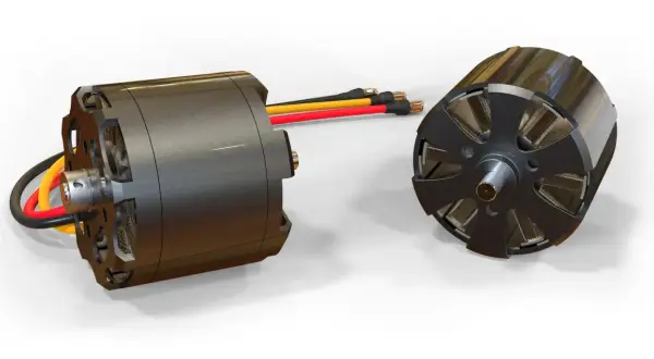 Zwei BLDC-Motoren mit Kabeln, auf weißem Hintergrund.