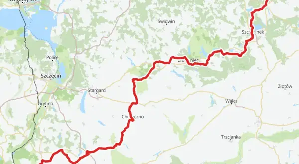 Mapa pokazuje trasę rowerową wzdłuż Odry, od Świnoujścia przez Szczecin, Gorzów Wielkopolski, aż po okolice Szczecinka.