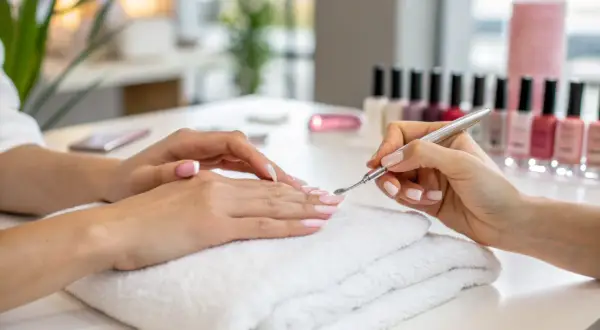 Dłonie podczas zabiegu manicure. Stylistka pielęgnuje paznokcie klientki, przygotowując je do malowania. W tle rząd lakierów.