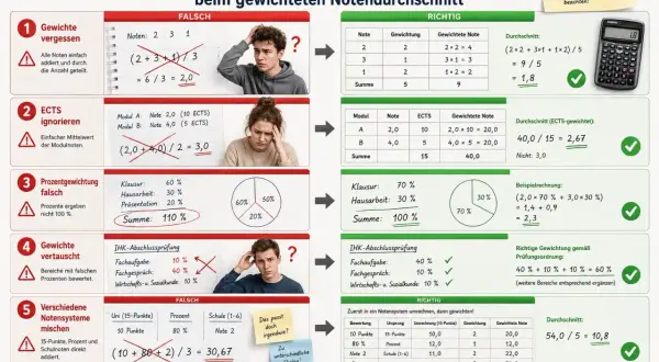 Fünf häufige Fehler beim gewichteten Notendurchschnitt: Gewichte vergessen, ECTS ignorieren, falsche Prozentgewichtung, vertauschte Gewichte und das Mischen verschiedener Notensysteme.